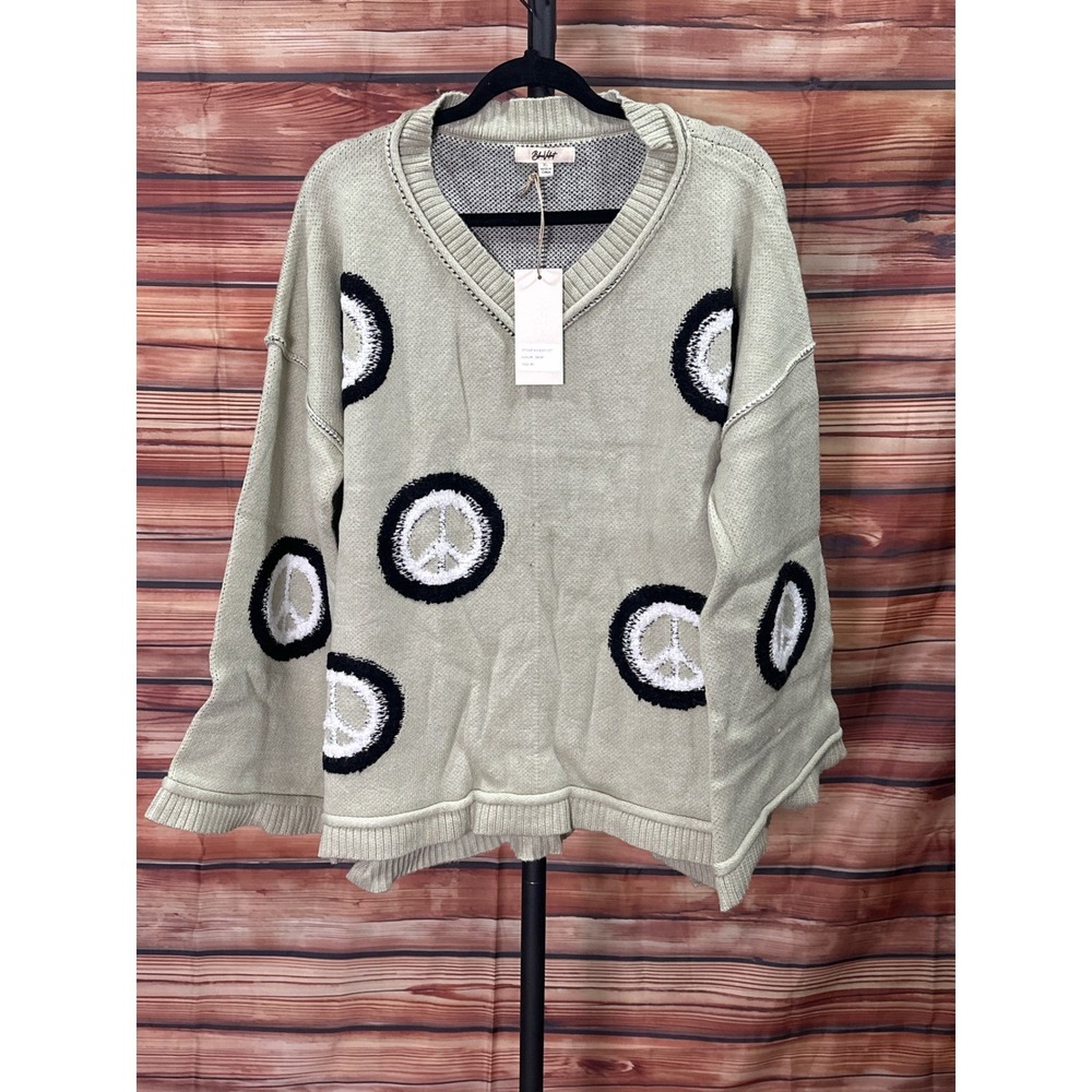 Blue Velvet Sage Green Peace Sign V-Neck Oversized Sweater 60994JST X-Large
